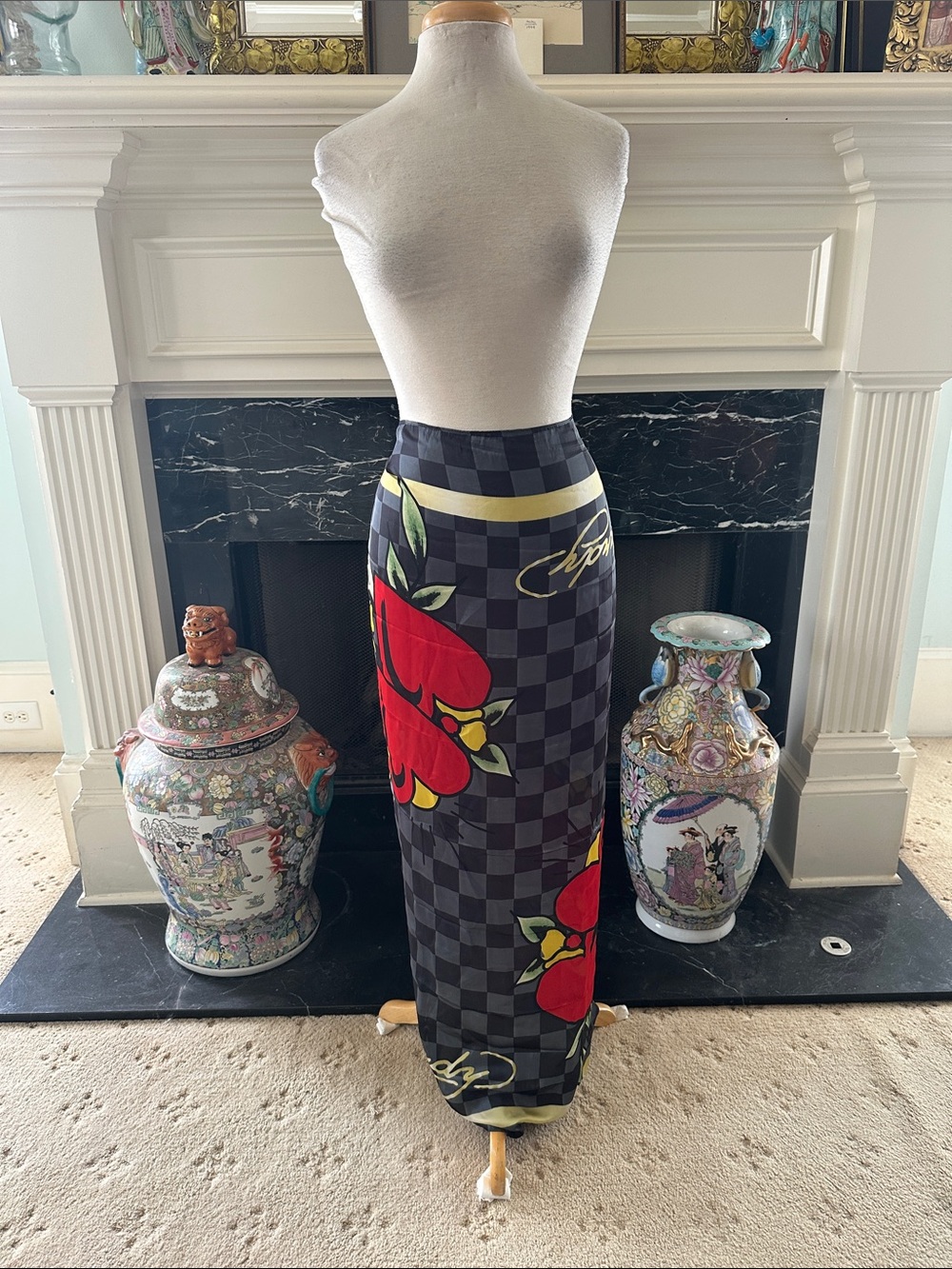 Ed Hardy Black Checkered Maxi Skirt with Red Floral Print